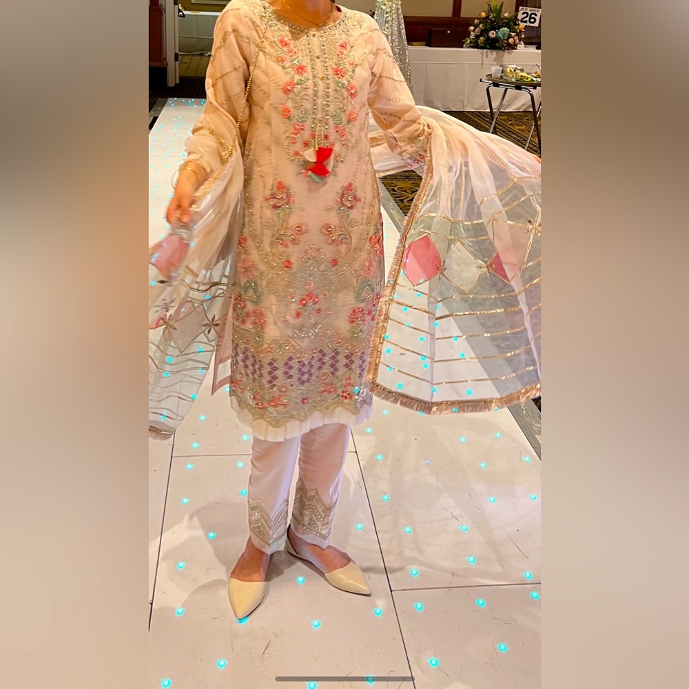 Geometric floral formal shalwar kameez with matching dupatta